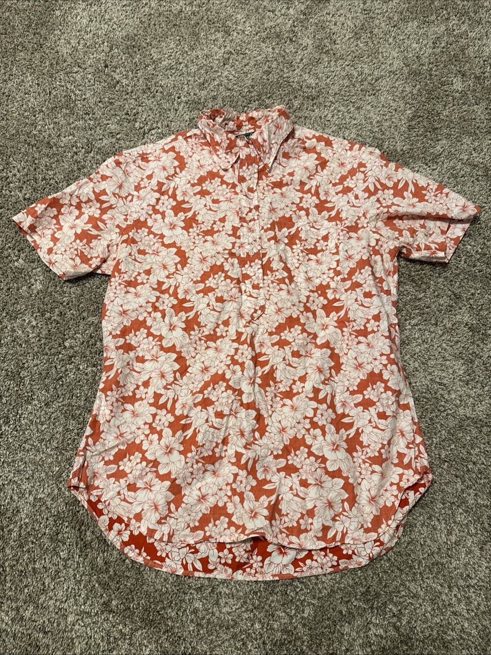 Gitman Bros Vintage White Pink Floral Short Sleeve 3-Button Shirt Sz L
